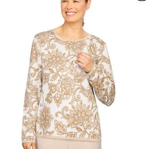 ALFRED DUNNER Tan & Gold Floral Metallic Crewneck Sweater